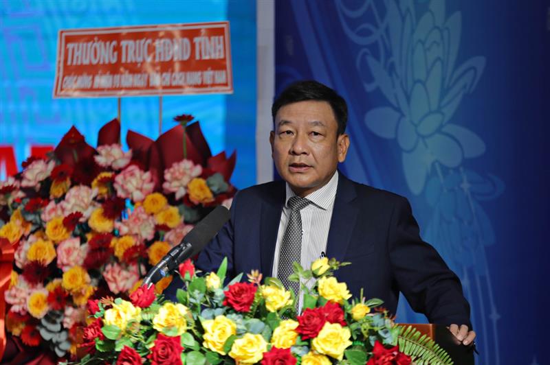 Đồng chí Bùi Thắng - Uỷ viên Ban thường vụ, Trưởng Ban Tuyên giáo Tỉnh uỷ phát biểu tại buổi Lễ kỷ niệm.
