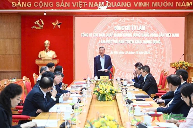 Tổng Bí thư Tô Lâm phát biểu tại buổi làm việc với Ban Tuyên giáo Trung ương.