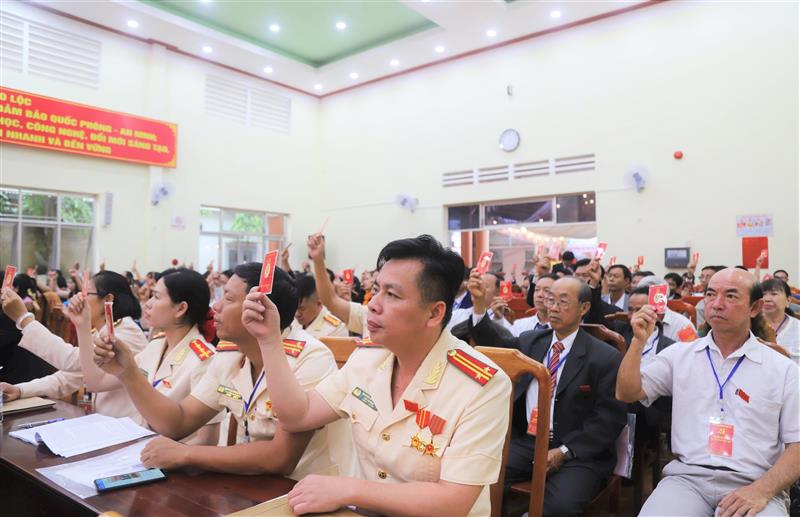 Các đại biểu, biểu quyết thông qua Dự thảo Nghị quyết Đại hội