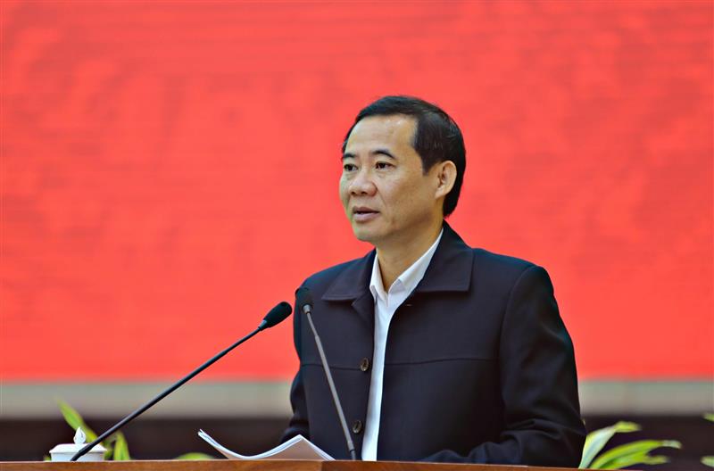 Đồng chí Nguyễn Thái Học - Quyền Bí thư Tỉnh uỷ Lâm Đồng phát biểu tại Hội nghị 
