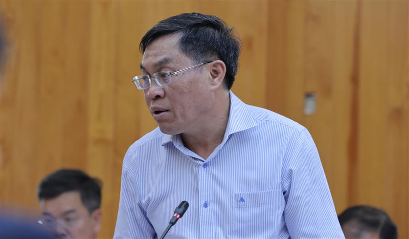 Đồng chí Võ Ngọc Hiệp - Uỷ viên Ban Thường vụ Tỉnh uỷ, Phó Chủ tịch UBND tỉnh báo cáo tình hình phát triển kinh tế - xã hội của tỉnh quý I/2025 