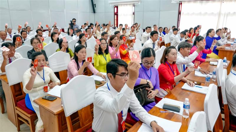 Đại biểu, biểu quyết thông qua một số nội dung của Đại hội. Ảnh N. Lân