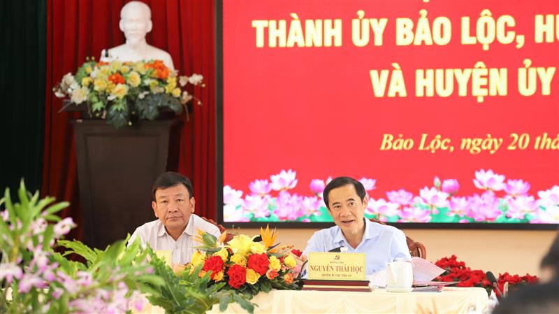 Đồng chí Nguyễn Thái Học - Quyền Bí thư Tỉnh ủy và đồng chí Bùi Thắng - Phó Bí thư Tỉnh ủy chủ trì buổi làm việc