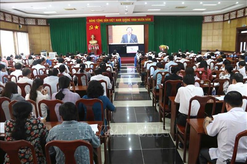 Quang cảnh hội nghị tại điểm cầu cấp tỉnh Trà Vinh. Ảnh: Thanh Hòa/TTXVN