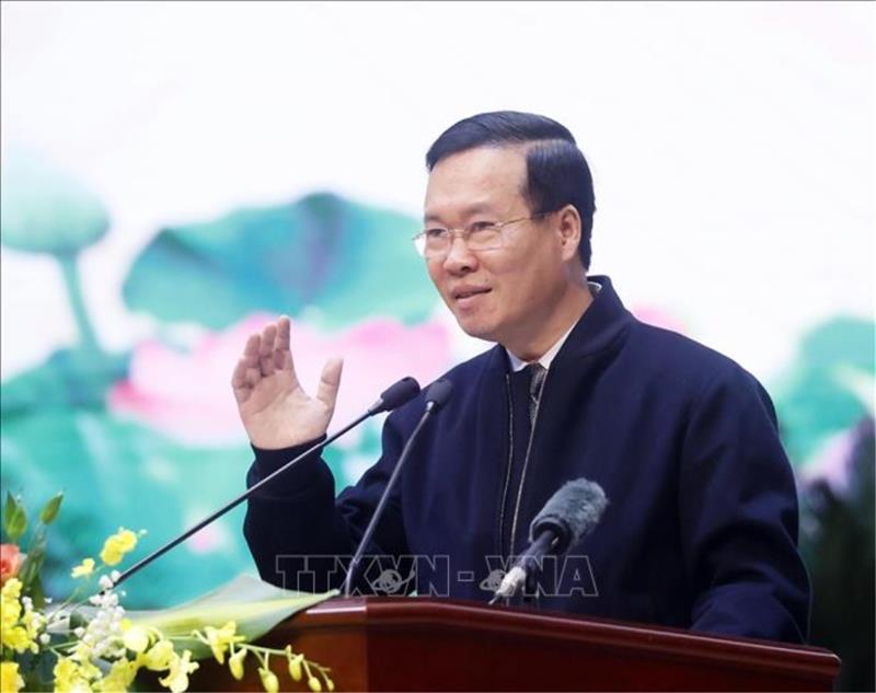 Chủ tịch nước Võ Văn Thưởng phát biểu chỉ đạo tại Hội nghị sơ kết 5 năm thực hiện Nghị quyết 35-NQ/TW của Bộ Chính trị khoá XII. (Ảnh: TTXVN)