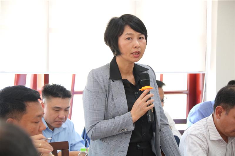 Đồng chí Phạm Thị Phúc - Ủy viên Ban Thường vụ Tỉnh ủy, Trưởng Ban Dân vận Tỉnh ủy trao đổi tại buổi làm việc.