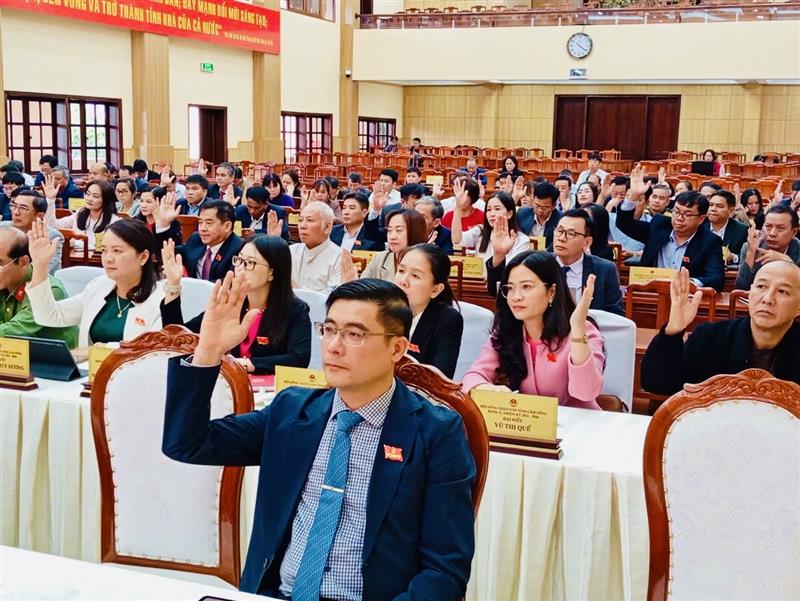 Đại biểu HĐND tỉnh biểu quyết thông qua dự thảo nghị quyết.