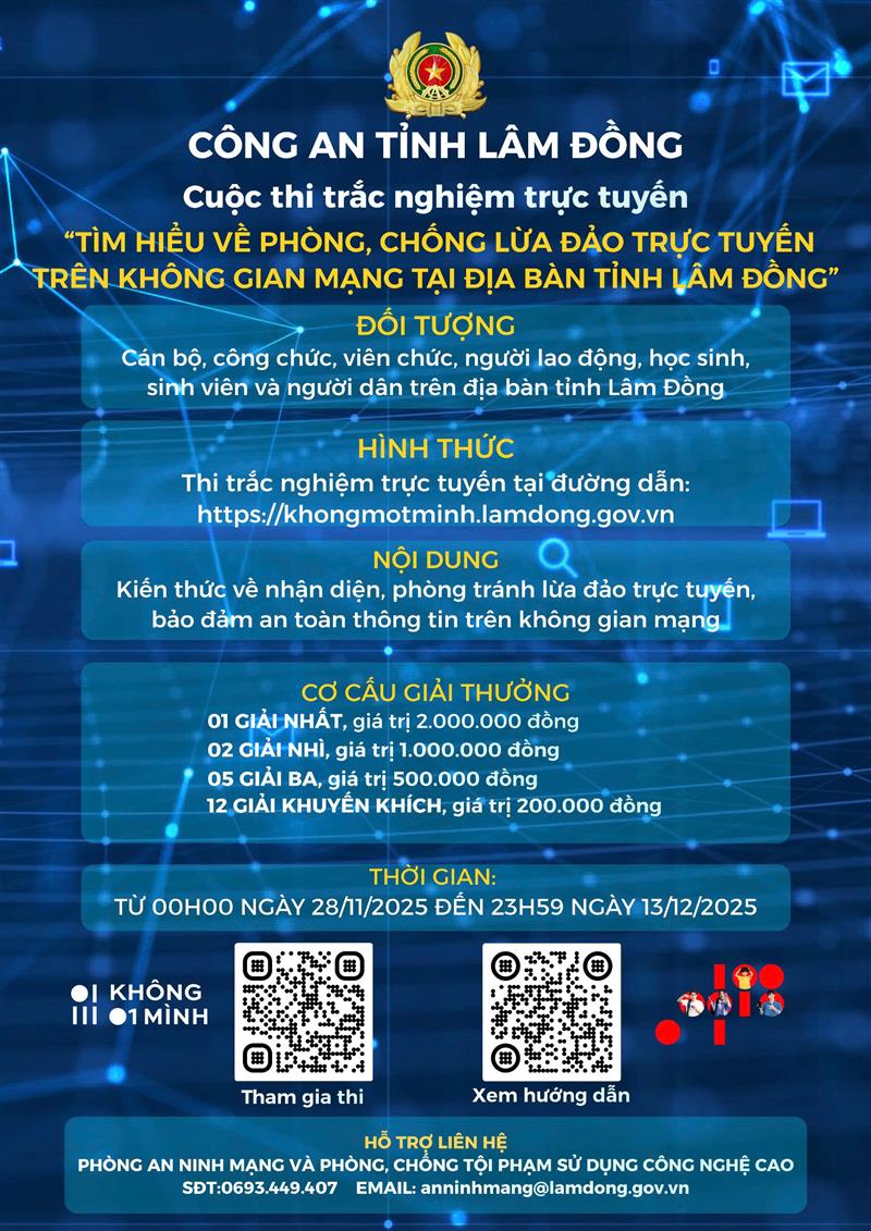Cuộc thi trắc nghiệm “Tìm hiểu về phòng, chống lừa đảo trực tuyến trên không gian mạng tại địa bàn tỉnh Lâm Đồng”